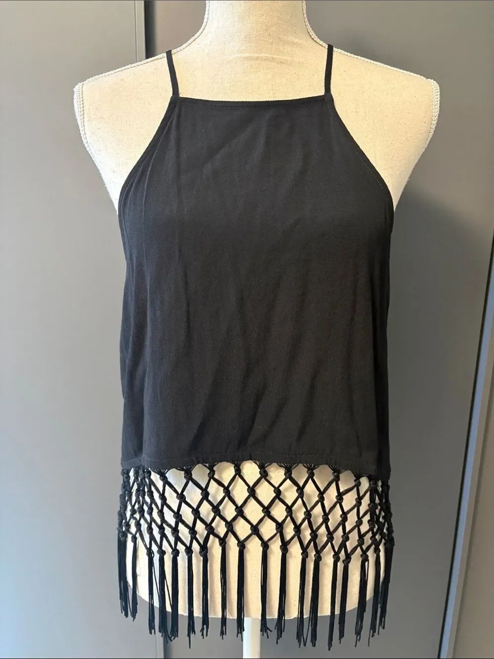 Topshop Black Crochet Fringe Halter Tank Top NWOT